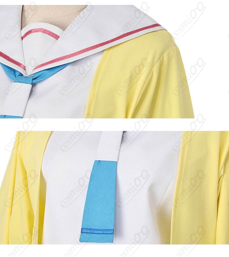 肩ラインと襟元、ネクタイ風デザインのアップ写真