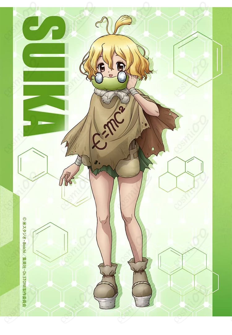 スイカ(Dr.STONE)7年後衣装の正面ディテール|薄手生地の質感とはだけにくい設計が分かるクローズアップ