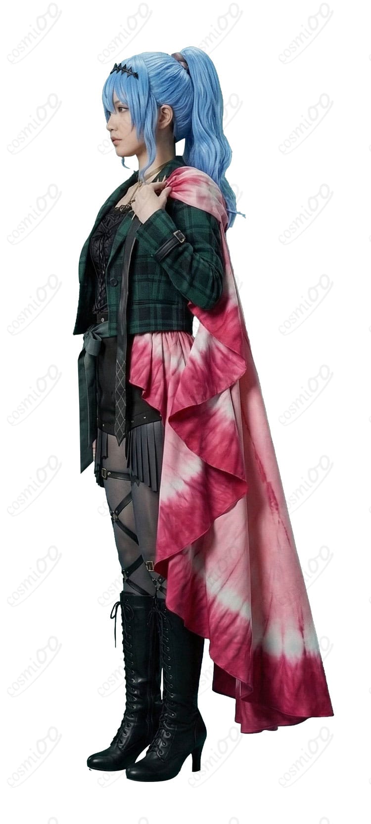 星街すいせい ライブ新衣装の左側ディテール(チェック生地とレザー切替、レース、太ももベルト)