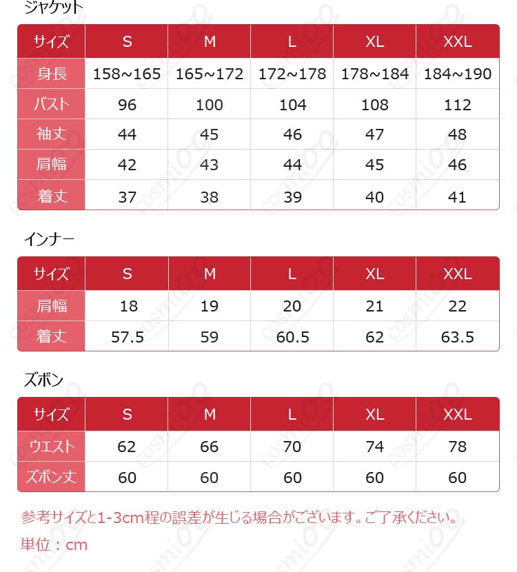 石橋ナツキ コスプレ衣装のサイズ表と採寸ガイド画像
