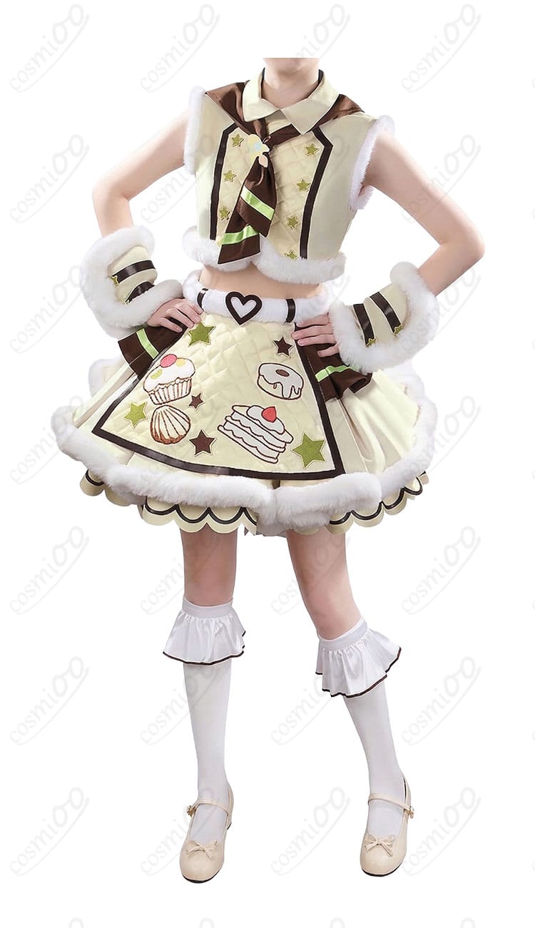 タイキシャトル Baa Baa Patisserie衣装の正面一式。トップスとスカート、胸飾り・スカーフの配色とディテール。