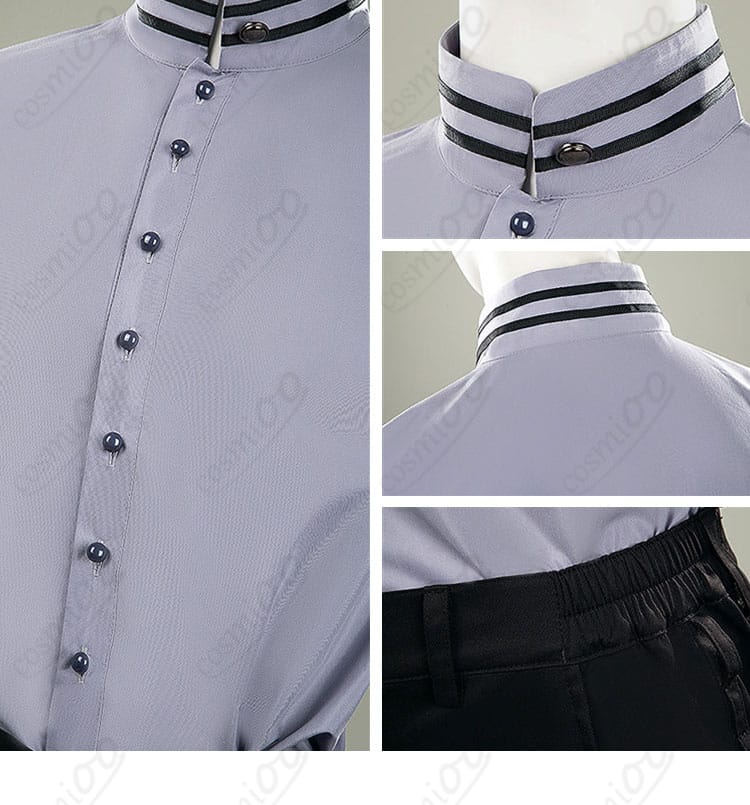 アルカイック衣装 シャツの襟と前立て・ボタンの近接ディテール