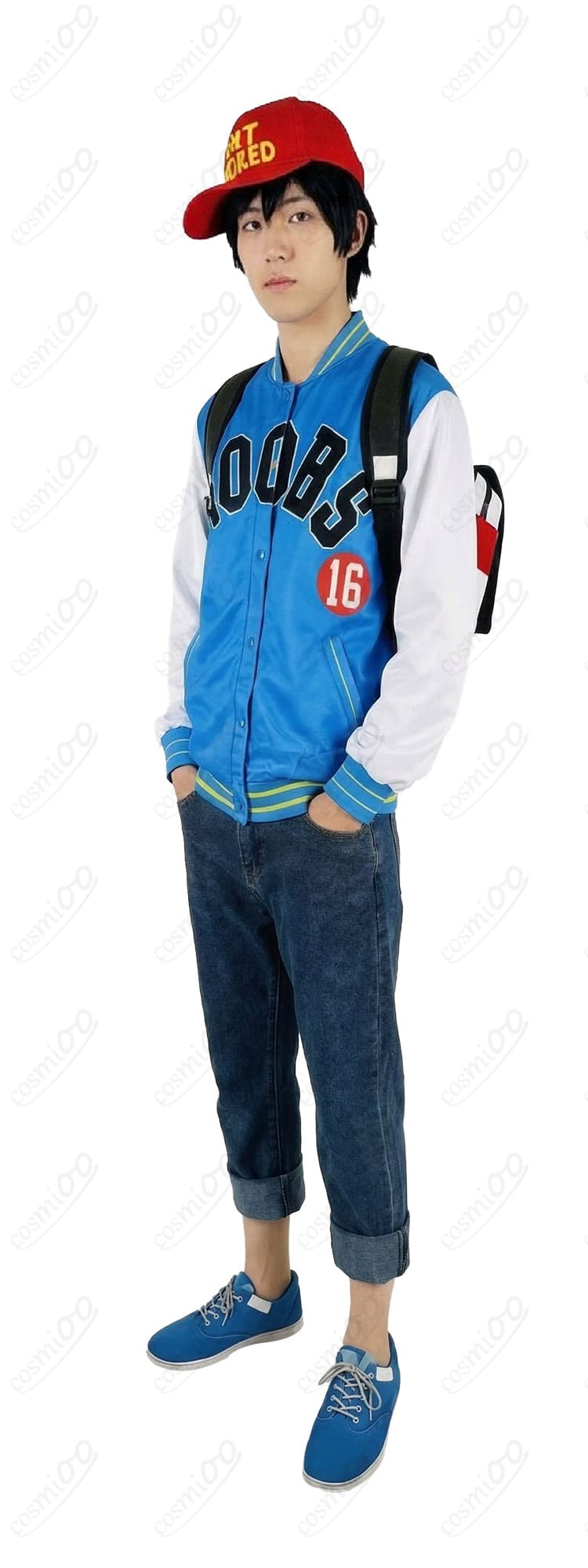 ペルソナ5 織田信也 コスプレ衣装の側面ディテール。スタジャンのシルエットと袖のラインが確認できる