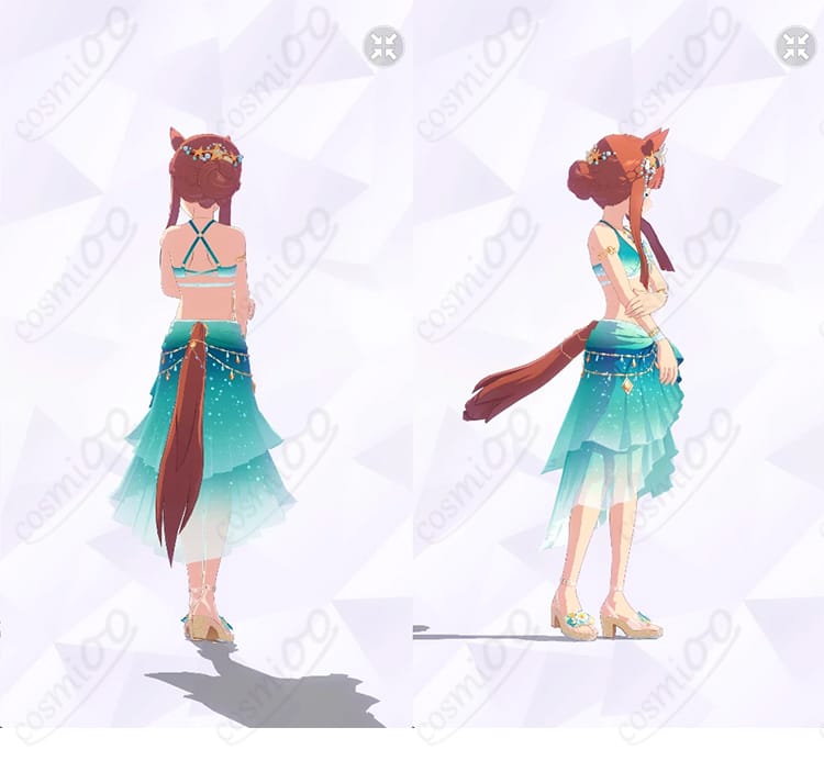 サイレンススズカ「波間のエメラルド」水着コスプレ 背面・右向きポーズの全身画像(背中のラインと配色バランス)