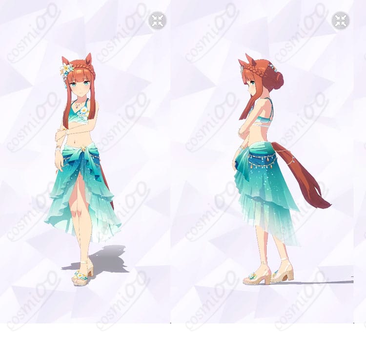 サイレンススズカ「波間のエメラルド」水着コスプレ 正面・左向きポーズの全身画像(爽やかな発色とシルエット)