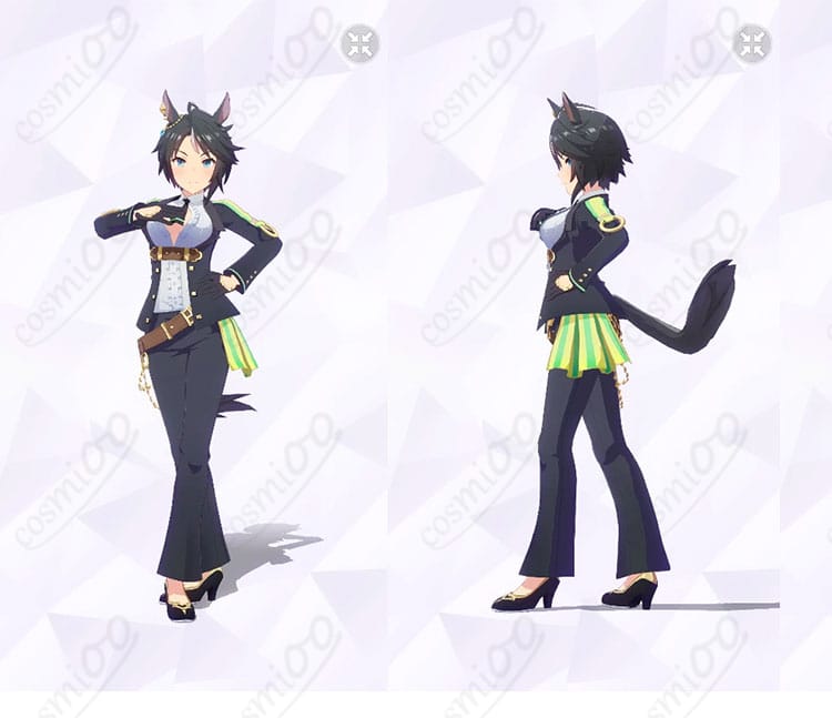 フジキセキ 勝負服 シューティンスタァ・ルヴュの正面と左側全身。エレガントなステージ衣装のラインと装飾を確認できる商品画像