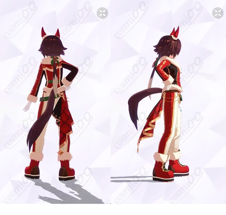 ウマ娘 ウオッカ 勝負服の背面と右側がわかる商品画像。背面ラインと装飾パーツの固定位置を確認可能。