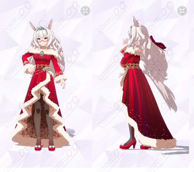 ビワハヤヒデ ノエルージュ・キャロル勝負服の正面全体と左側ディテール（首飾り・腰飾り・髪飾り・靴下の質感）