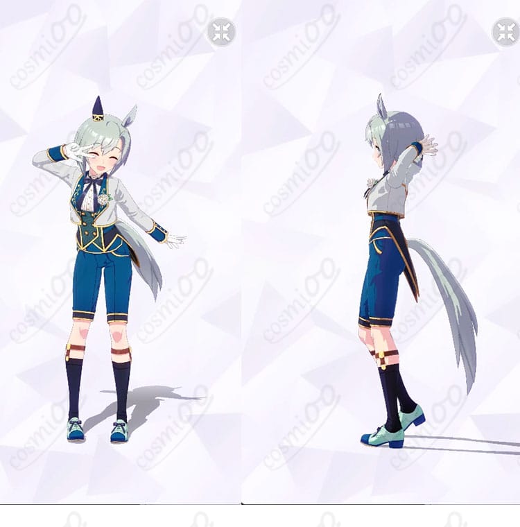 セイウンスカイ 勝負服『ソワレ・ド・シャトン』前面と左側。コートのラインとリボン、コルセットのディテールが分かる全身画像