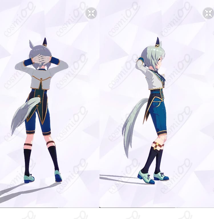 セイウンスカイ 勝負服『ソワレ・ド・シャトン』背面と右側。コートの後ろシルエットとガーター・手袋の構成が分かる全身画像