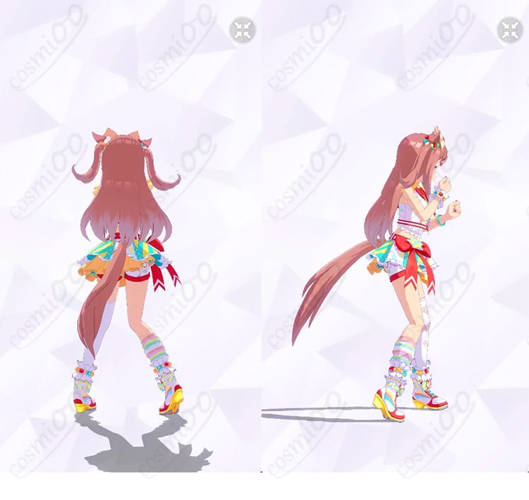 アグネスデジタル 勝負服コスプレ衣装の背面と右側アングル。腰飾りやレッグカバーなど背面ディテールが見える画像。