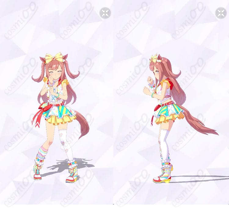 アグネスデジタル 勝負服コスプレ衣装の正面と左側アングル。トップスとスカート、小物の配色とシルエットが分かる全体写真。