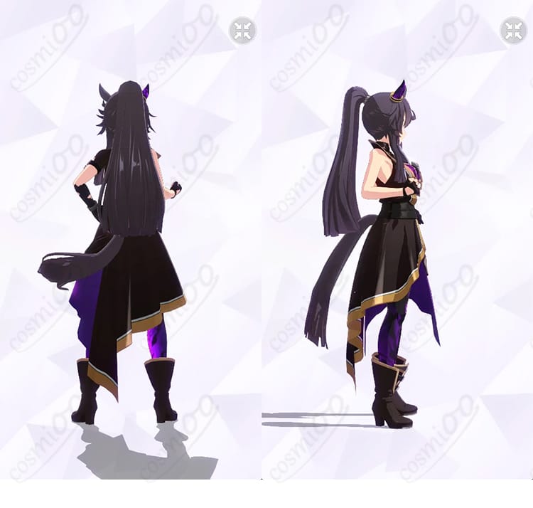 ナリタブライアン［餓狼］勝負服コスプレの背面と右側面。腰布のレイヤーや背面ベルト構成、レギンスのシルエットを確認できる画像