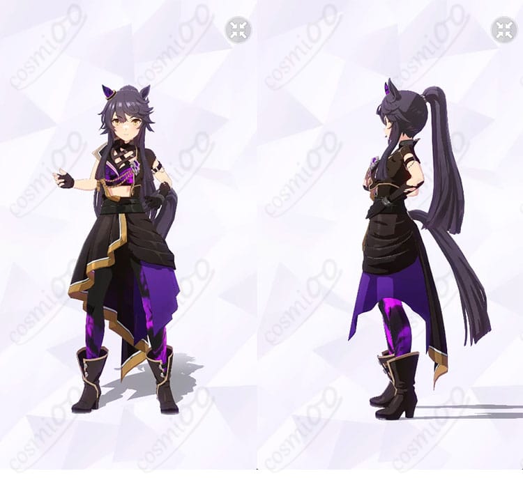 ナリタブライアン［餓狼］勝負服コスプレの正面と左側面。ビスチェとコルセットベルト、胸飾りの配置がわかる全身カット