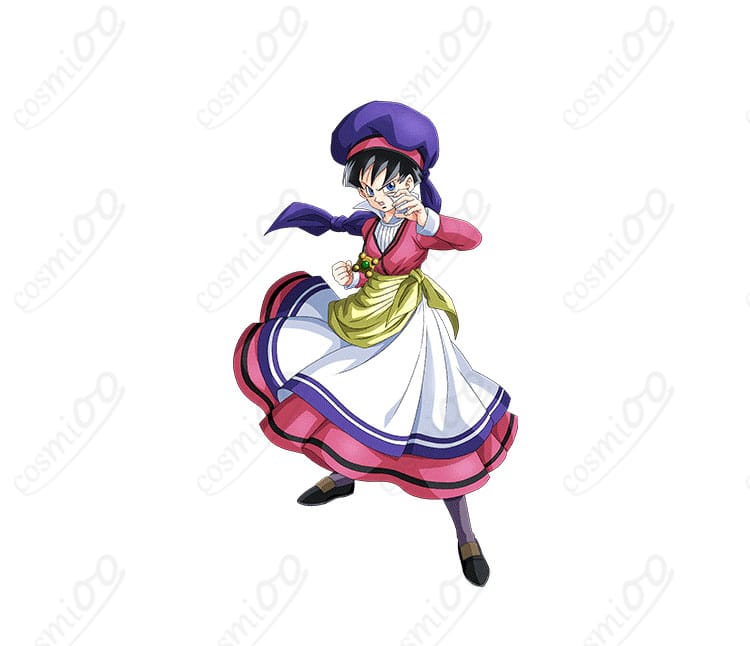 ビーデル（ナタデ村の姿）コスプレ衣装の全体像｜上品なワンピースと被り物のセット