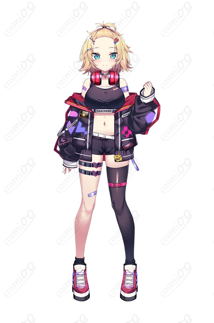 赤井はあと コスプレ衣装一式を着用した全身イメージ（コート・ビスチェ・ショートパンツ・ベルト類・靴下）