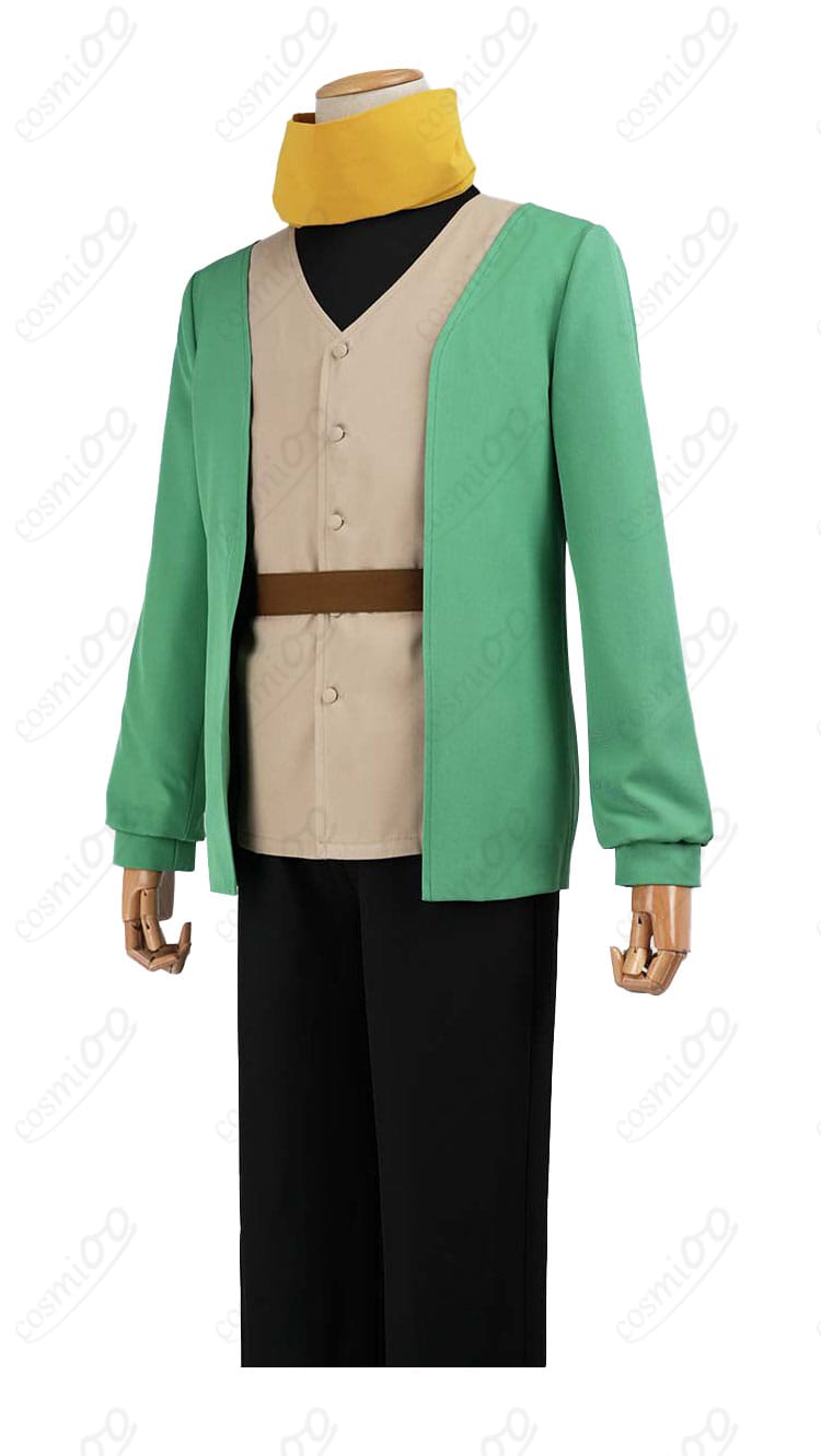 緑のコート前身頃ディテール（生地のハリと配色ライン）