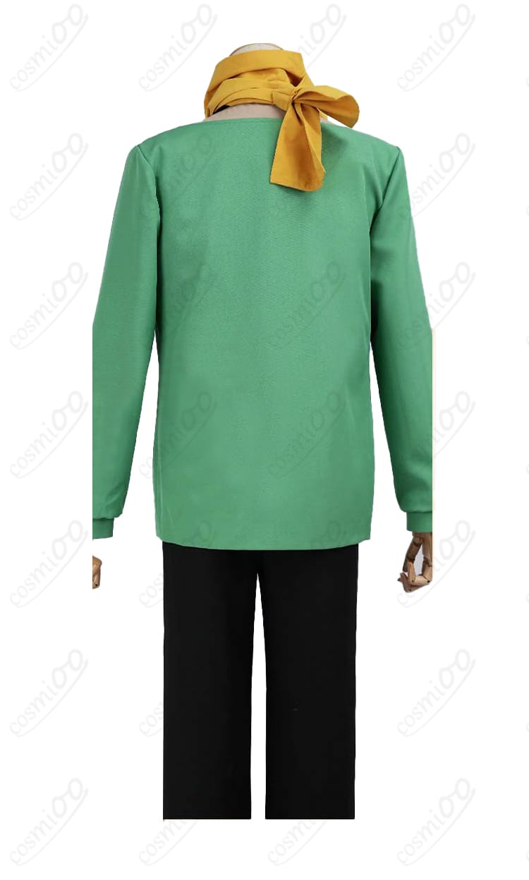 緑のコート背面ディテール（切り替えと背中心の縫製）