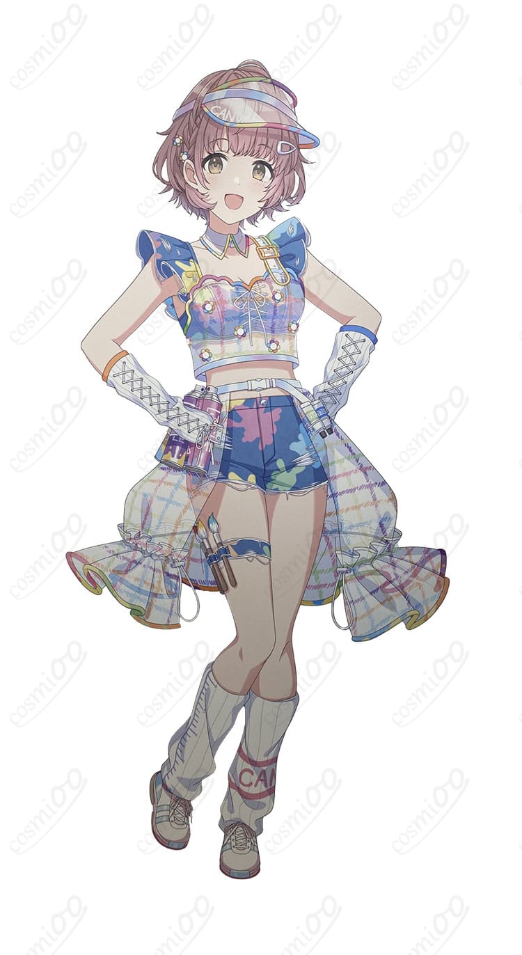 郁田はるき アンフィニィキャンバス衣装一式の正面全体図（トップス・オーバースカート・ショートパンツ・小物含む）