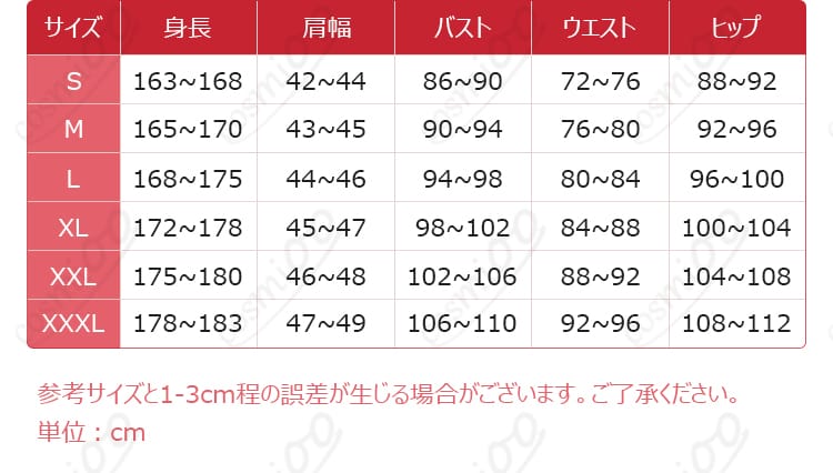 サイズバリエーション表記（XS〜XXXLの寸法ガイド）