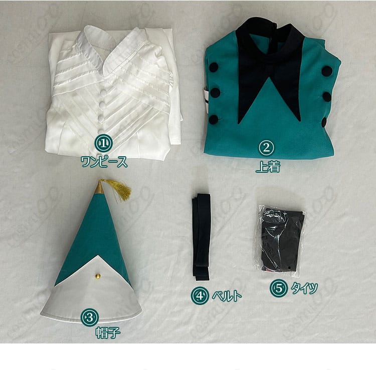 セット内容（ワンピース、上着、帽子、タイツ、ベルト）を並べた構成