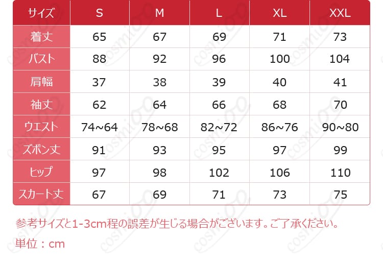 衣装サイズガイド図（S〜XLおよび採寸部位の説明）