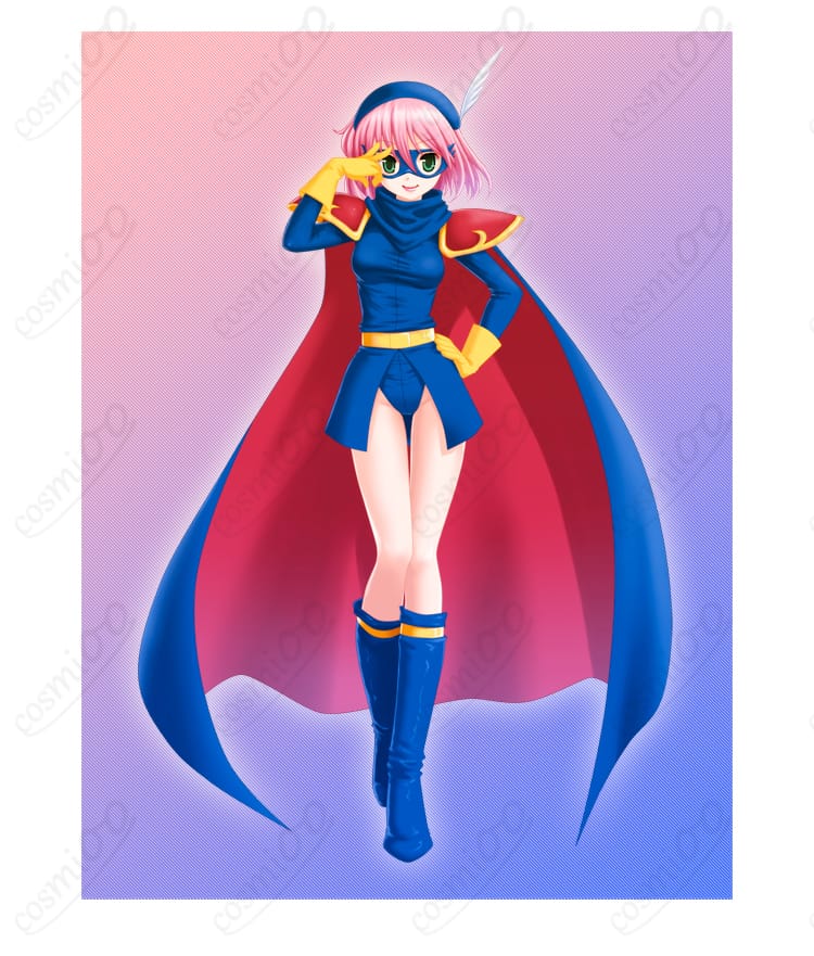 ファイナルファンタジーV レナ・シャルロット・タイクーン 青魔道士コスプレ衣装の全身イメージ(高コントラスト配色と薄手生地の質感が分かる商品画像)