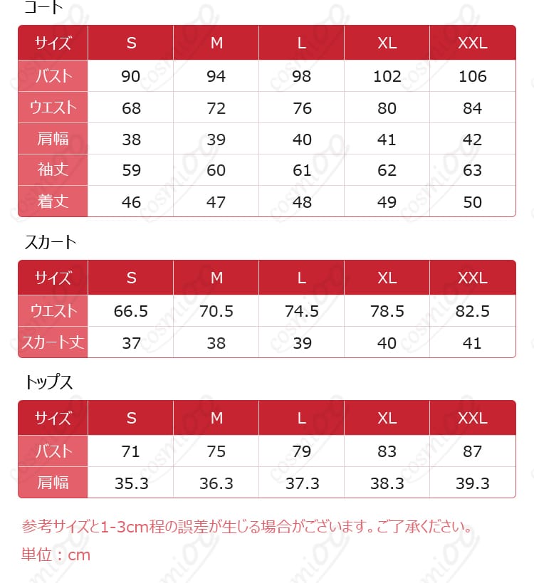 サイズ展開S〜XXLの寸法ガイド図(各部位の採寸位置)