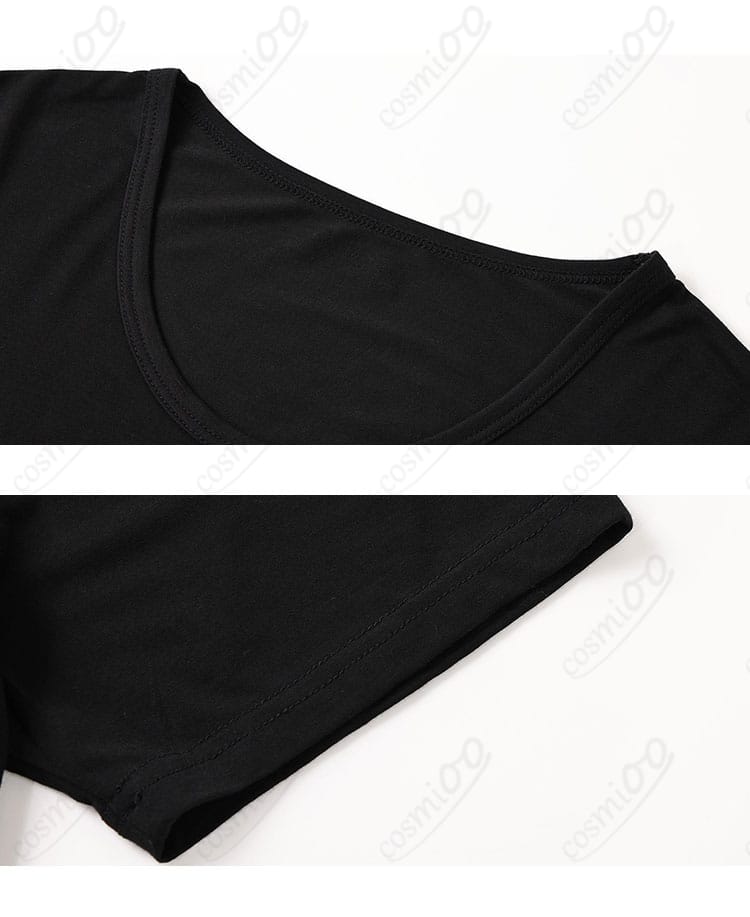 黒Tシャツのディテール：襟元と生地質感、縫製のアップ