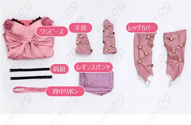 セット内容（ワンピース、手袋、レッグカバー、レギンスパンツ、肩紐、背中リボン）のレイアウト画像