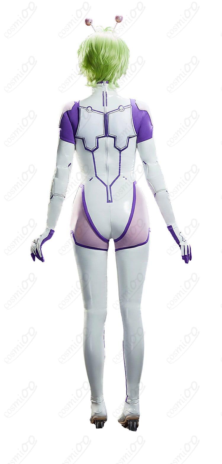 バモラ戦闘服コスプレの背面着用カット。曲線パネルとラインを確認
