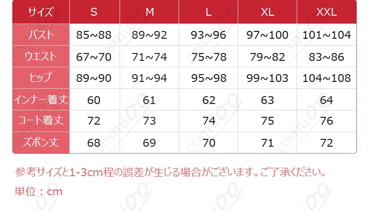 サイズガイド図。S〜XXLの寸法目安を示す画像