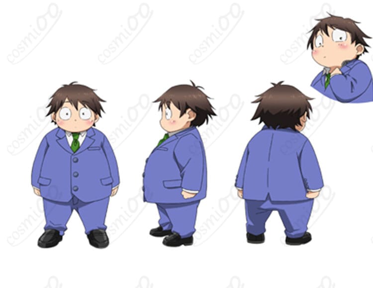 有田春雪 学園制服コスプレの全体ディテール。ブレザーのハリ感とパンツのすっきりライン、ネクタイの質感がわかる俯瞰図