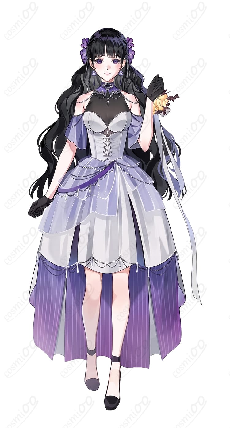 魔道祖師の江厭離・執事ver.コスプレ衣装を着用した人物の全身イメージ。ドレス、首飾り、手袋、髪飾りを合わせた上品なコーディネート