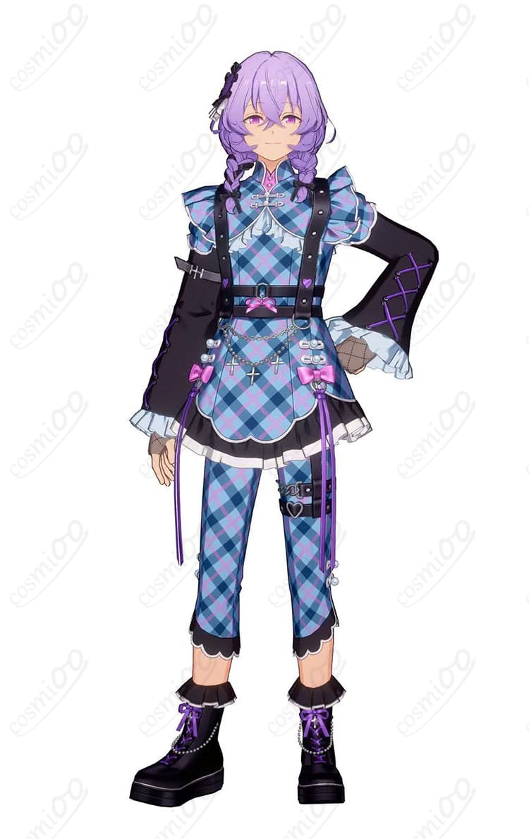 花群冬芽 ユメ Poison Ribbon コスプレ衣装の正面全体。ハーネスとチェーンが映える高コントラスト配色