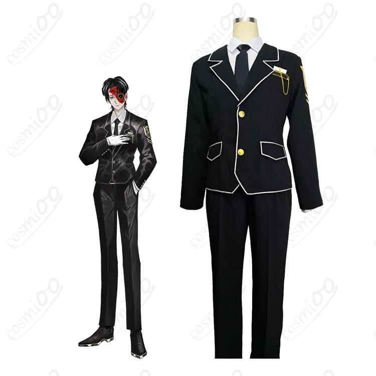 リンバス・カンパニー 社員スーツ制服の着用イメージ（胸飾りとネクタイの差し色が映える）