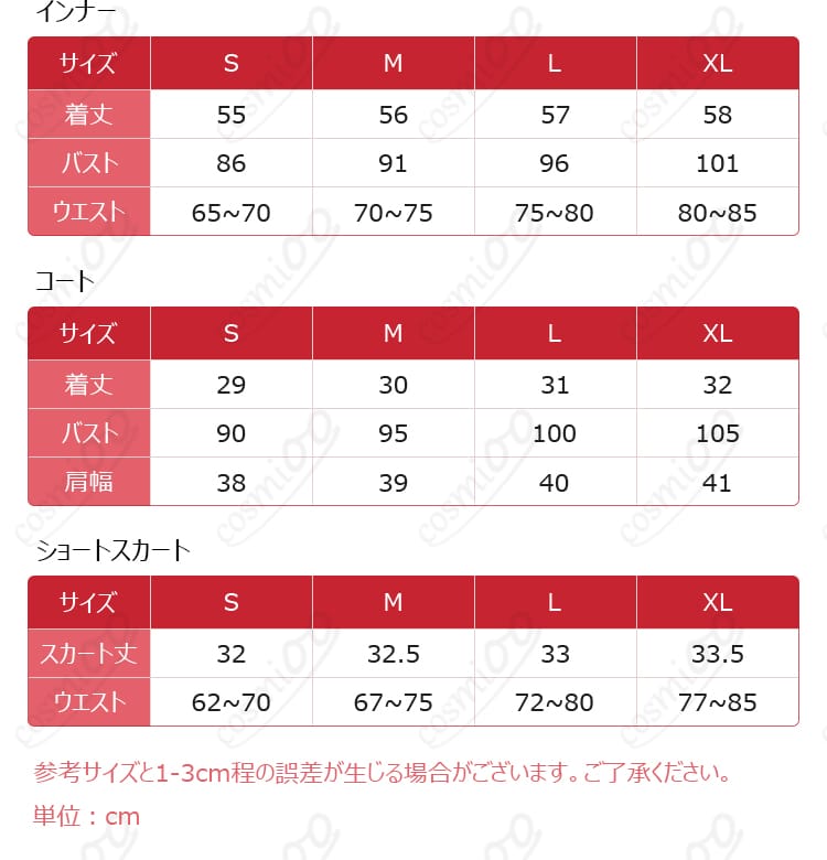 S〜XLサイズ表記と各部位寸法ガイド