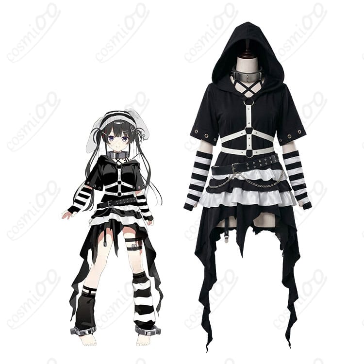月ノ美兎イメージの囚人服風コスプレを着用した全身イメージ（うさ耳フード・ボーダー柄）