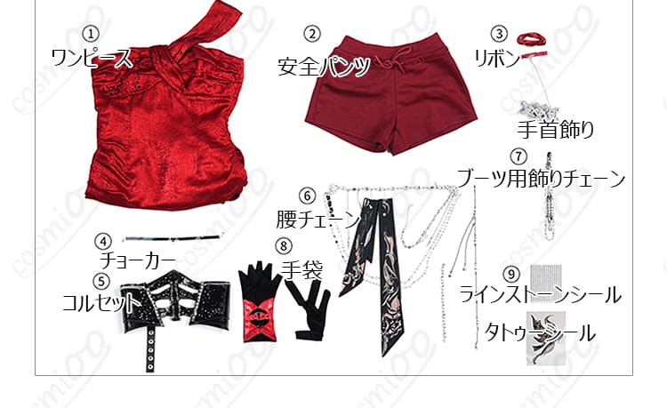 セット内容一式（ワンピース・安全パンツ・手袋等）の平置き