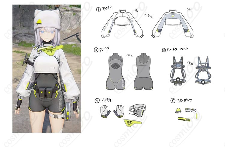 エステーラ工業風コスプレ衣装の全身装飾とベルトコンポーネントのディテール
