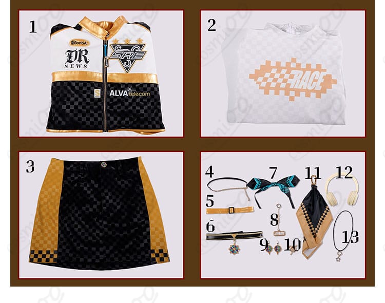 ジャケット、Tシャツ、ミニスカート、小物類を並べたフルセット内容
