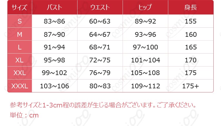 サイズ表と各部位寸法ガイド(S〜XXXLの比較)