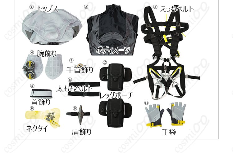 フローライト戦闘服コスプレ衣装セット内容のレイアウト展示