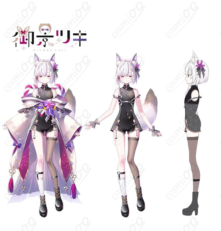 RIONECTION 御景ツキ 通常衣装の外側和服と帯の装飾ディテール(高コントラスト配色)