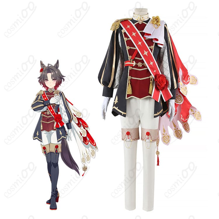 ウマ娘 プリティーダービー風 ローズキングダム勝負服コスプレ一式を着用したモデル全身画像