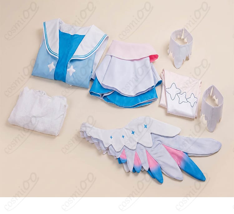 天音かなた翼付きコスプレ衣装のコート、トップス、スカート、つけ襟、靴下、翼