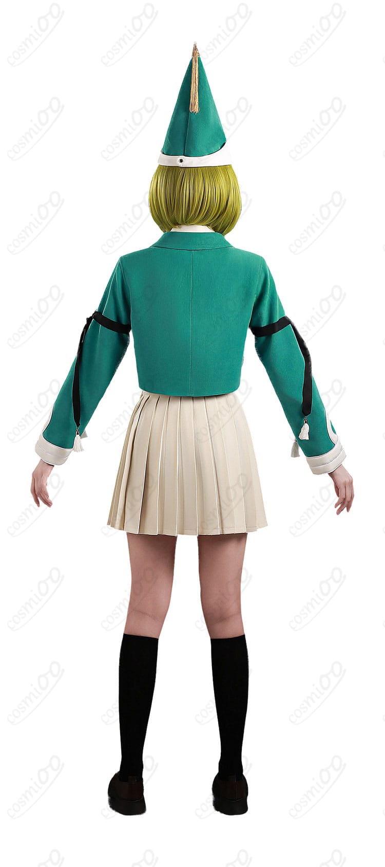 モデル着用・テティア 制服風コスプレの背面ポーズ（シルエットとプリーツの動き）