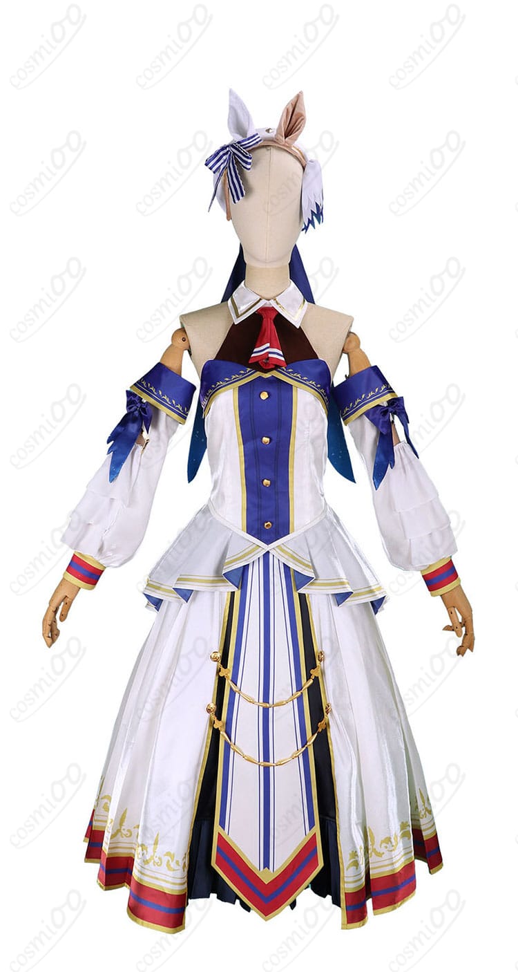 ウマ娘 ヴィクトワールピサ 勝負服コスプレ衣装の正面ディテール（上品な配色とスカートライン）