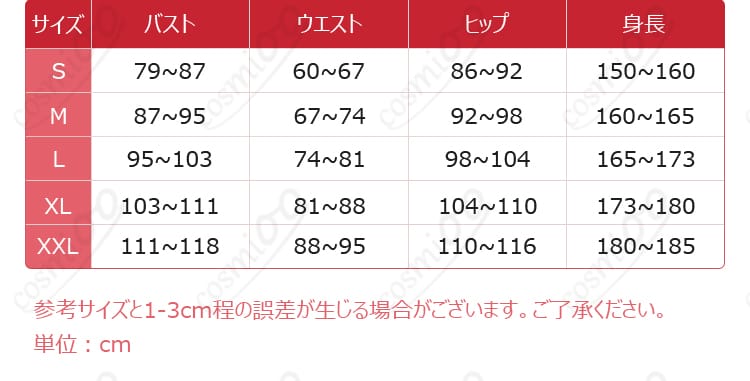 ベニマル コスプレ衣装のサイズ表と計測ポイント案内