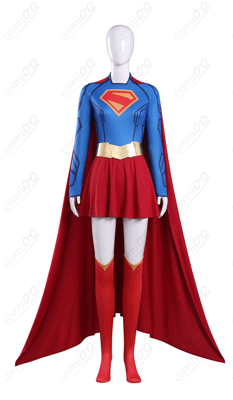 スーパーガール風コスプレ衣装のワンピースとケープ 正面全体像